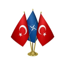 Masa Üstü Nato Bayrağı Türk Bayrağı Üçlü Pirinç Direk Masa Bayrak