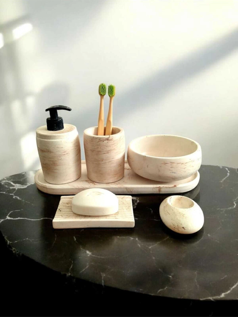 Bej Marble Serisi 6'lı Banyo Seti, Sıvı Sabunluk Diş Fırçalığı Beton Aksesuar Takımı Bej
