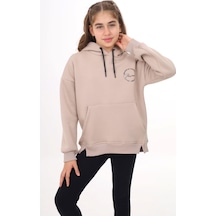 Toontoy Kız Çocuk Oversize Kapüşonlu Cepli Düşük Omuz Baskılı Yırtmaçlı Sweatshirt - 3 İplik Şardonlu Bej
