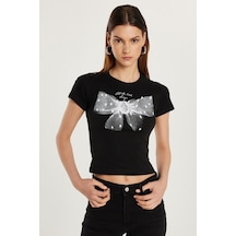 Tudors Kadın Slim Fit Dar Kesim %100 Pamuk Kısa Kollu Bisiklet Yaka Baskılı Siyah Tişört-33854 Siyah