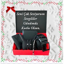 Carlino Erkek Hediye Seti Siyah Deri Kemer Cüzdan Kartlık Siyah
