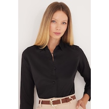 Tudors Kadın Slim Fit Dar Kesim Vucüda Oturan Uzun Kollu Siyah Basic Gömlek-35323 Siyah