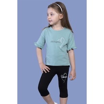 Toontoy Kids Toontoy Kız Çocuk Düşük Kol Büzgü Detaylı Baskılı Taytlı Takım Yeşil