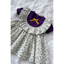 Fırfırlı Çiçek Desenli Mor Kız Çocuk Bebek Bahar Elbise 001