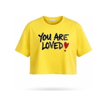 Kadın Sarı Yazı Baskılı Crop Pamuk T-shirt Sarı