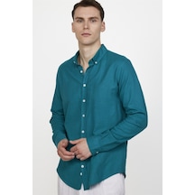 Tudors Slim Fit Uzun Kol Biyeli Yaka Düğmeli Keten Erkek Petrol Gömlek-27489-petrol Petrol