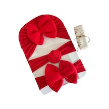 Masalbaby Kız Bebek Fiyonklu Bone Bandana Ve Saç Bandı - 3'lü Hediyelik Set Kırmızı
