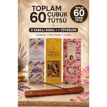 3 Çeşit Çubuk Tütsü Seti 60 Adet Lavanta Palo Santo Lotus Kokulu Ahşap Tütsülük Dahil