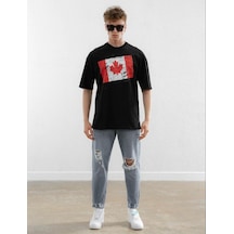 Flood Of Style Erkek Siyah Kanada Baskılı Oversize Bisiklet Yaka T-shirt