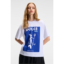 Grımelange VEYMIRA Kadın %100 Pamuk Bisiklet Yaka Kısa Kollu Oversize Fit Beyaz T-Shirt