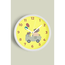 Araba Süren Sevimli Ayılar Çocuk Odası Duvar Saati - 30cm - Önü Camlı Beyaz Kasa - Sessiz Mekanizma Beyaz
