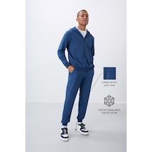 Tommy Life Parlament Kompakt Pamuklu Kalın Pürüzsüz Dokulu Kapüşonlu Comfort Fit Erkek Eşofman Takım - 85262 Mavi
