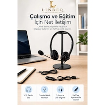 Mikrofonlu Kablolu Bilgisayar Kulaklığı 3,5 Mm Jack Ve Çıkarılabilir Usb Adaptörlü, Çift Kulaklı, Ayarlanabilir Ofis Ve Eğitim Kulaklığı Siyah