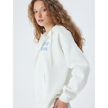 Koton Fermuarlı Sweatshirt Kapüşonlu Oversize Kanguru Cepli Slogan Baskılı Şardonlu Ekru 5wal10197ık Ekru