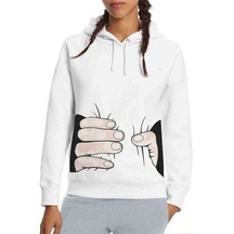 Handpres Baskılı Beyaz Kadın Kapşonlu Sweatshirt