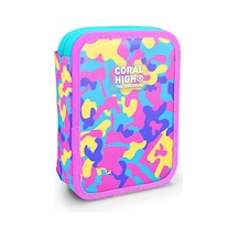 Coral High Kids Pembe Sarı Lavanta Kamuflaj Desenli Çift Katlı Kalem Çanta 31101 Pembe