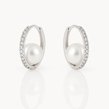 White Gold Plated Pearl Ball Hoop Küpe Silver