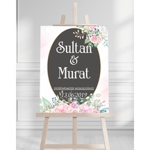 Söz Nişan Düğün İçin 50x70 Karşılama Panosu - Pembe Çiçek Ve Pastel Tasarımlı Beyaz