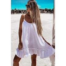 Aqe Fashion Kadın Pileli Spageti Askılı Beyaz Elbise BEYAZ Beyaz