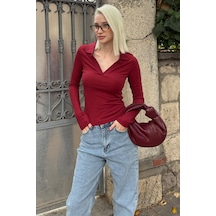 Madmext Bordo Polo Yaka Fitilli Kadın Body Mg2566 Bordo