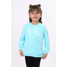 Toontoy Kız Çocuk Relax Fit Bisiklet Yaka Hafif Düşük Omuz Baskılı Sweatshirt - 2 İplik Mint Yeşili