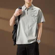 012 Rahat Gündelik Yarım Fermuarlı Polo Tişört Gri 012 Rahat Gündelik Yarım Fermuarlı Polo Tişört Gri