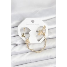 Pirinç Gold Renk Yıldızlı Model Zincir Bağlantılı Ear Cuff Küpe Seti - Çok Renkli