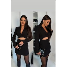 Kadın Crop Blazer Takım Siyah Siyah
