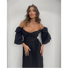 Fashion Cocktail Çift Bel Korseli Düşük Omuz Yarım Kollu Bohem Maxi Bilekte Uzun Tatil Elbisesi Siyah