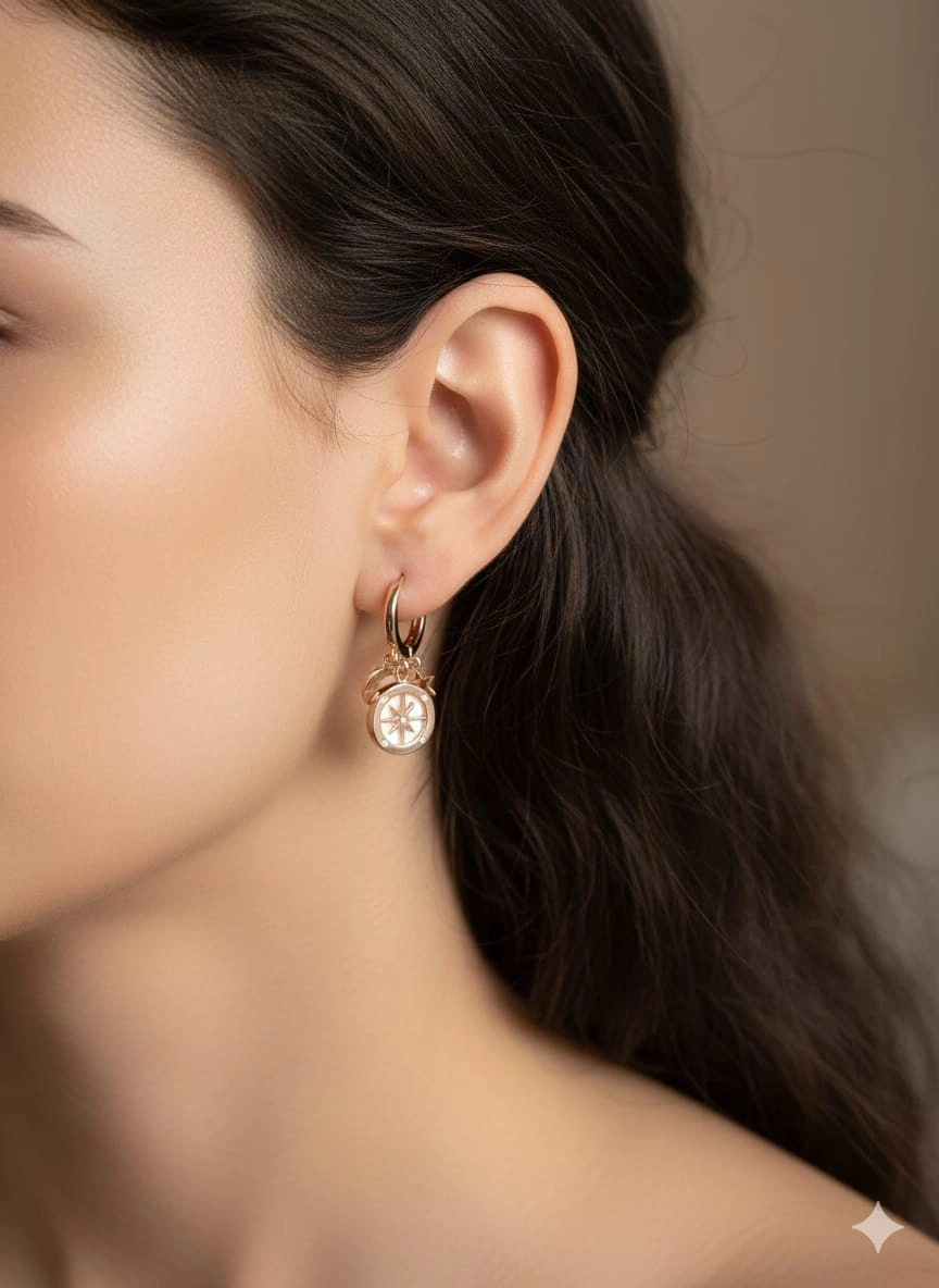 925 Ayar Papatya Silver Kutup Yıldızı Küpe.ay Yıldız Küpe.rose.gold.rodaj Gümüş