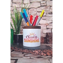 Chasing Sunshine Baskılı Seramik Kalemlik Masaüstü Düzenleyici Beyaz