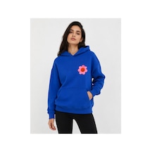 Herkesemoda Emoji Çiçek Baskılı Kapüşonlu 2 İplik Şardonlu Sweatshirt Mavi