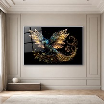 Altın Kanatlı Fantastik Kuş Gümüş Çerçeveli Cam Tablo