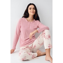 Pierre Cardin Paris Kadın Gül Desenli Modal Pamuklu Düğmeli Uzun Kollu Pijama Takım Gül