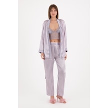 Burcumay Kadın Üçlü Çizgili Sabahlıklı Gri Saten Pijama Takımı Gri