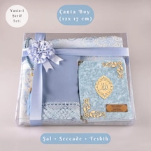 Şal + Seccade + Tesbih + Yasin Hediye Seti Çanta Boy, Şems Lafzatullah, Raşel Cilt, Bebe Mavi