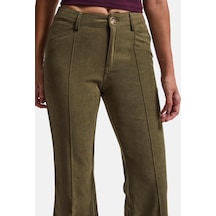 Kadın Haki Flare Fit Pürüzsüz Dokulu Esnek Velvet Kadife Kumaş Pantolon Yeşil