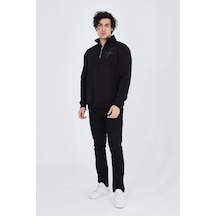 Erkek Yarım Fermuarlı Baskılı 3 İplik Pamuklu Sweatshirt - Siyah