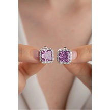 Çekirdekjewelry 925 Ayar Gümüş Baget Taşlı Kare Küpe Zirkon Taşlı Şık Kadın Küpe Gümüş Pembe