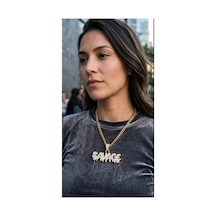 Lunarie Savage Yazılı İced Out Kolye 14k Gold Kararmaz Çelik Altın