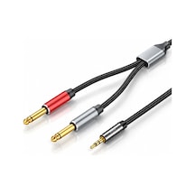 3.5mm - Çift 6.35mm Stereo Ses Kablosu 1.5 Metre, Amfi Mixer Gitar Hoparlör Sahne Ekipmanı Uyumlu, Sağ Sol Kanal, Altın Kaplama, Naylon Örgülü, Parazit Önleyici A160e
