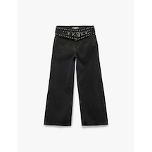 Koton Kuşgözü Detaylı Pamuklu Kemerli Geniş Paça Denim Pantolon Siyah 6wkg40024ad Siyah