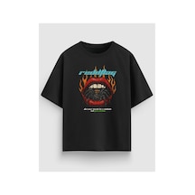 Yolo Street Red Flag Ağız Baskılı Oversize Siyah Tişört %100 Pamuk Streetwear Unisex Siyah