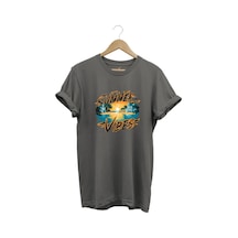 Summer Vibes Baskılı Yazlık Tatil Deniz %100 Pamuk Regular Fit Bisiklet Yaka Gri T-shirt Gri