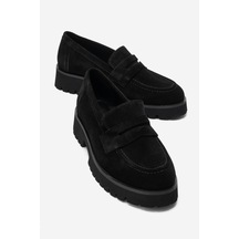 Luvi Shoes Vıonel Siyah Süet Hakiki Deri Kadın Loafer Ayakkabı
