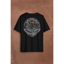 Motosiklet Harley Motor Orange Bar Kartal Logo Sırt Ön Baskılı Oversize Tişört Unisex T-shirt 001