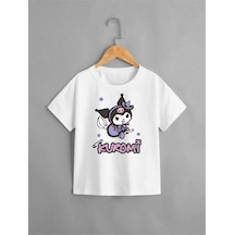 Kuromi Baskı Detaylı Kısa Kollu %100 Pamuklu Beyaz Kız Çocuk T-shirt Beyaz