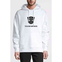 Transformers Baskılı Beyaz Erkek Örme Kapşonlu Sweatshirt