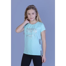 Toontoy Kids Toontoy Kız Çocuk Baskılı Taş İşlemeli Yanı Şerit Detaylı Tişört Mint Yeşili