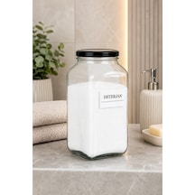 Kare Cam Deterjan Saklama Kavanozu 3 Litre Metal Kapaklı Etiket Hediyeli Şeffaf